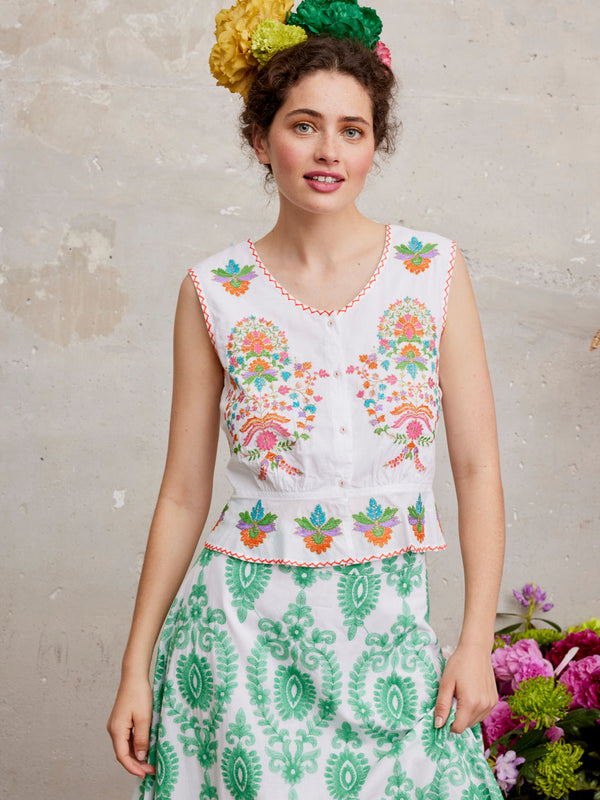 Angelica Blouse Golden Flower Embroidery on White