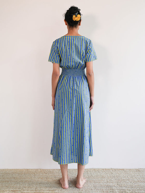 Verbena Dress Tiny Flowers Embroidery on Stripes