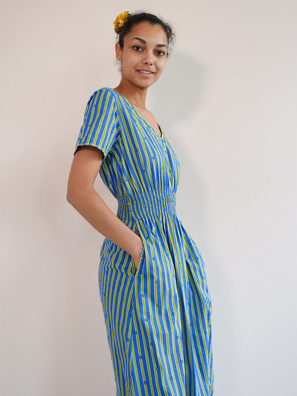 Verbena Dress Tiny Flowers Embroidery on Stripes