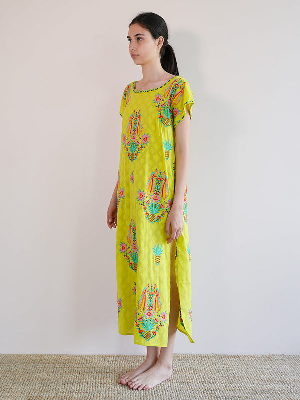 Malachite Kaftan Parrot Embroidery on Lime Jacquard