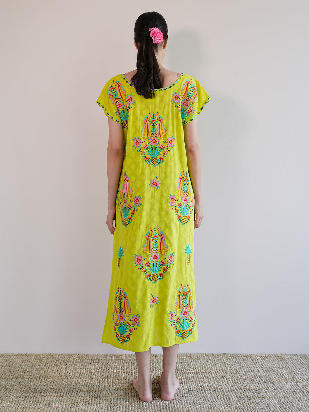 Malachite Kaftan Parrot Embroidery on Lime Jacquard