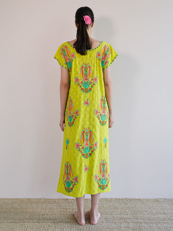 Malachite Kaftan Parrot Embroidery on Lime Jacquard