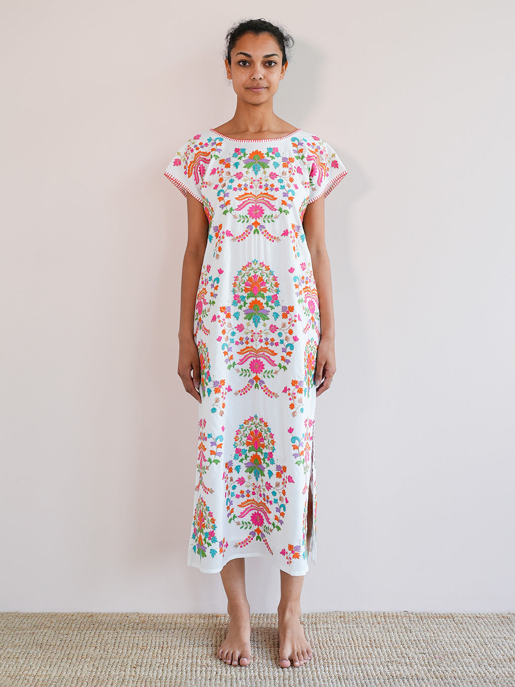 Malachite Kaftan Golden Flower Embroidery on White