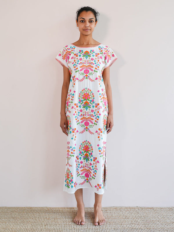 Malachite Kaftan Golden Flower Embroidery on White