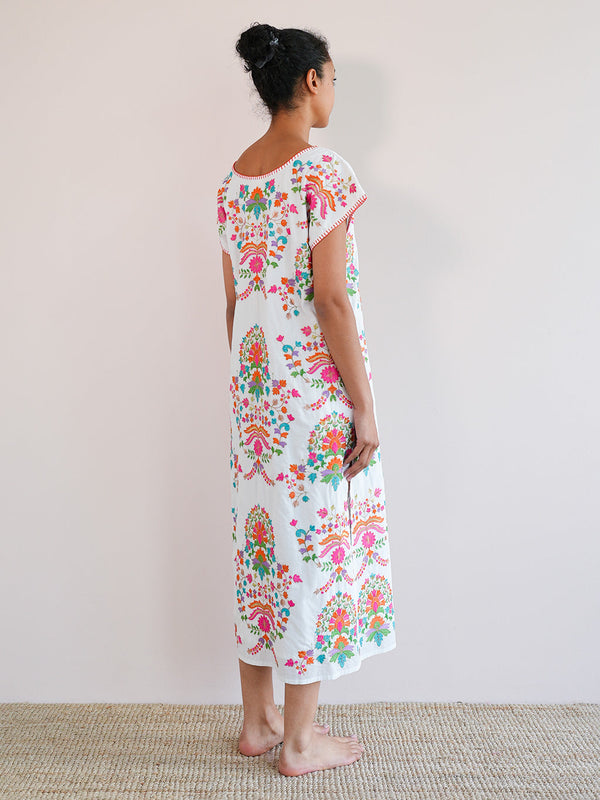Malachite Kaftan Golden Flower Embroidery on White