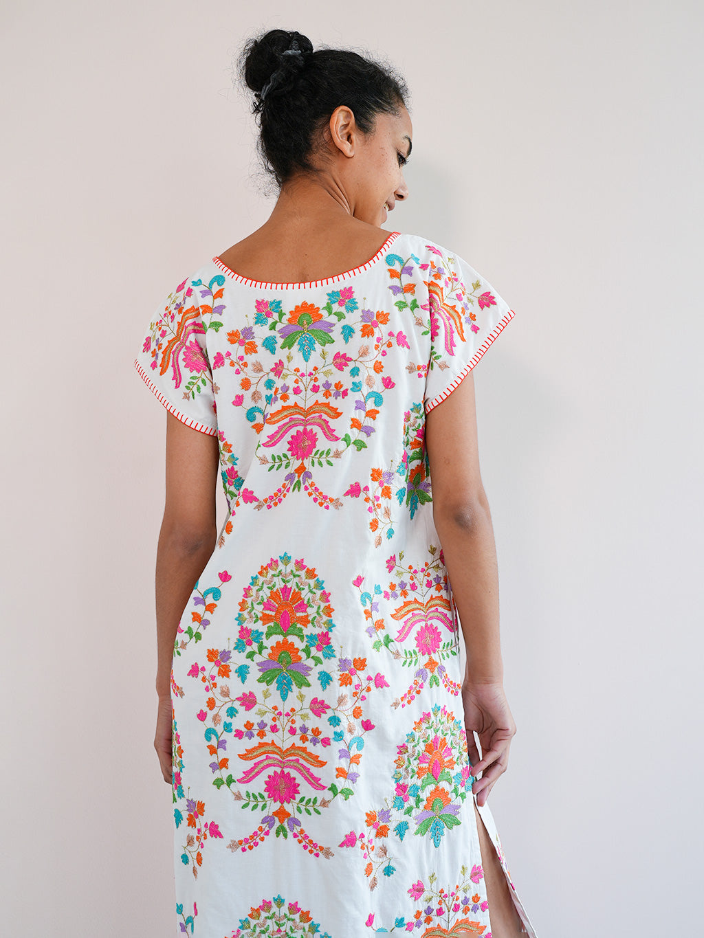 Malachite Kaftan Golden Flower Embroidery on White
