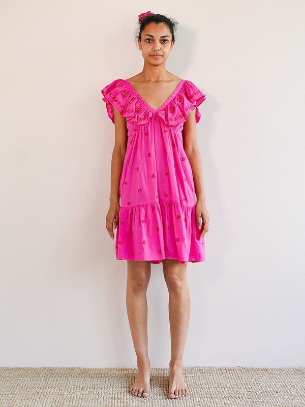 Ginger Dress Roses Embroidery on Pink