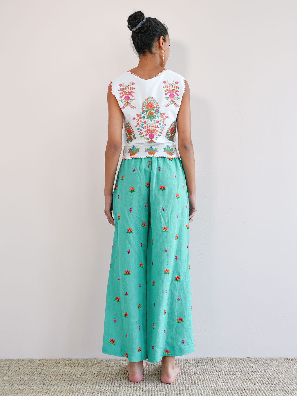 Fennel Pants Green Lotus Flower Embroidery