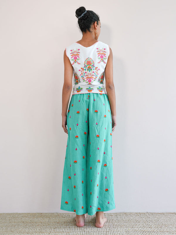 Fennel Pants Green Lotus Flower Embroidery
