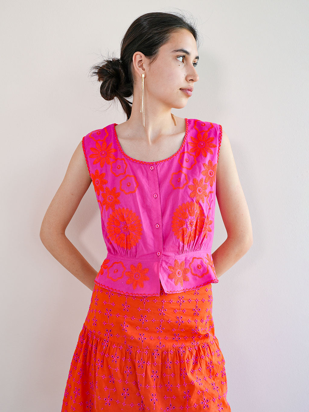 Angelica Blouse Orange Flower Embroidery on Pink