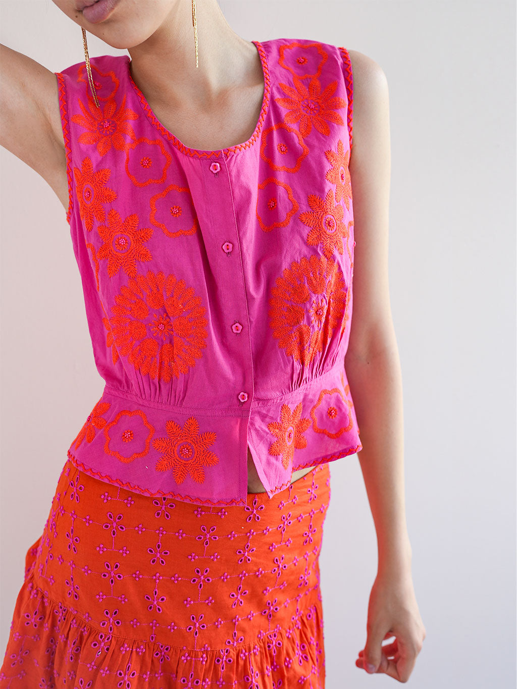 Angelica Blouse Orange Flower Embroidery on Pink