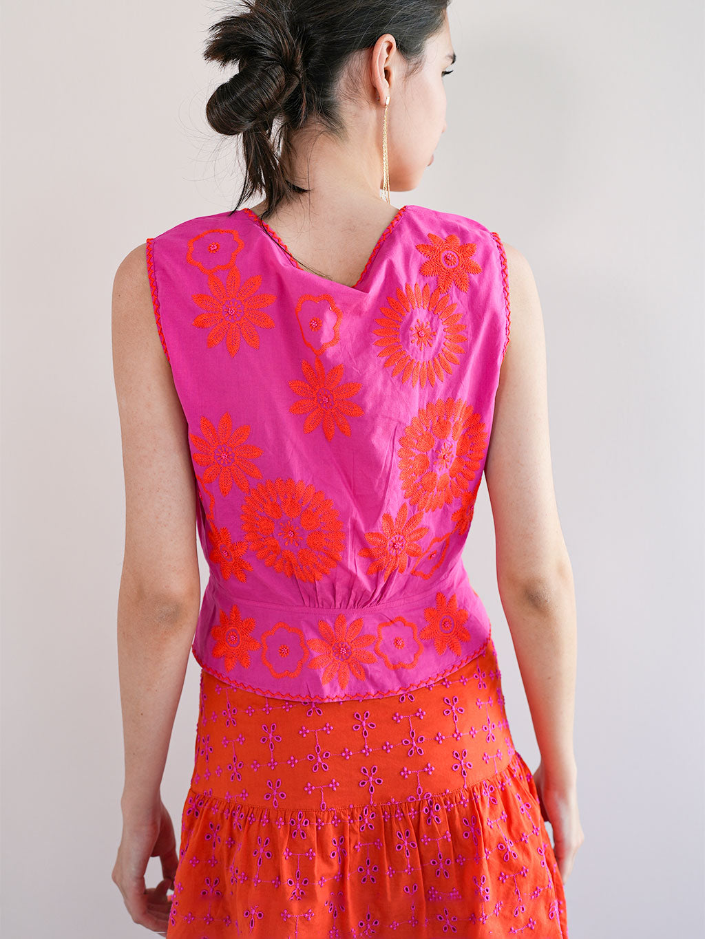 Angelica Blouse Orange Flower Embroidery on Pink