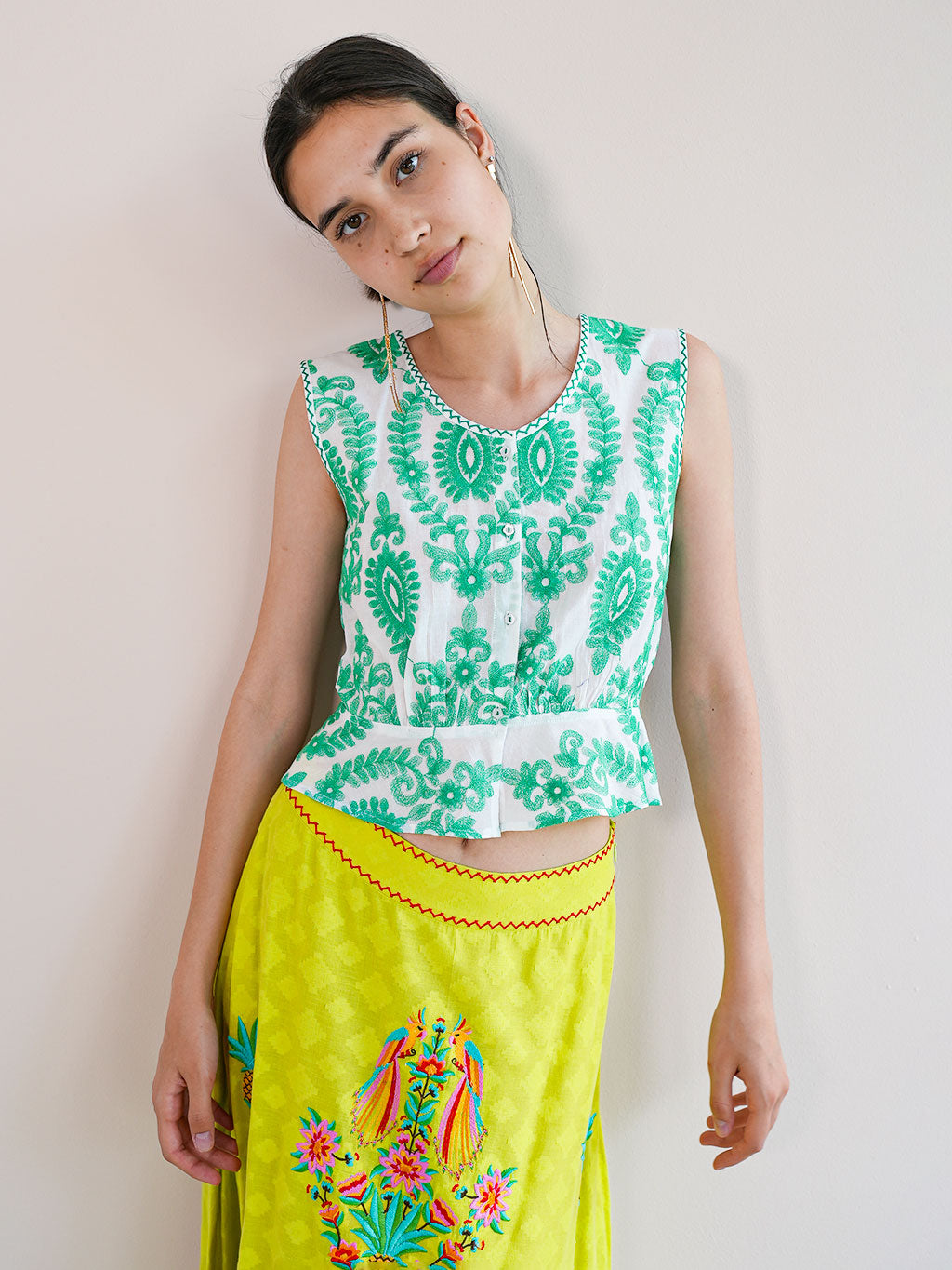 Angelica Blouse Green Ornament Embroidery on White