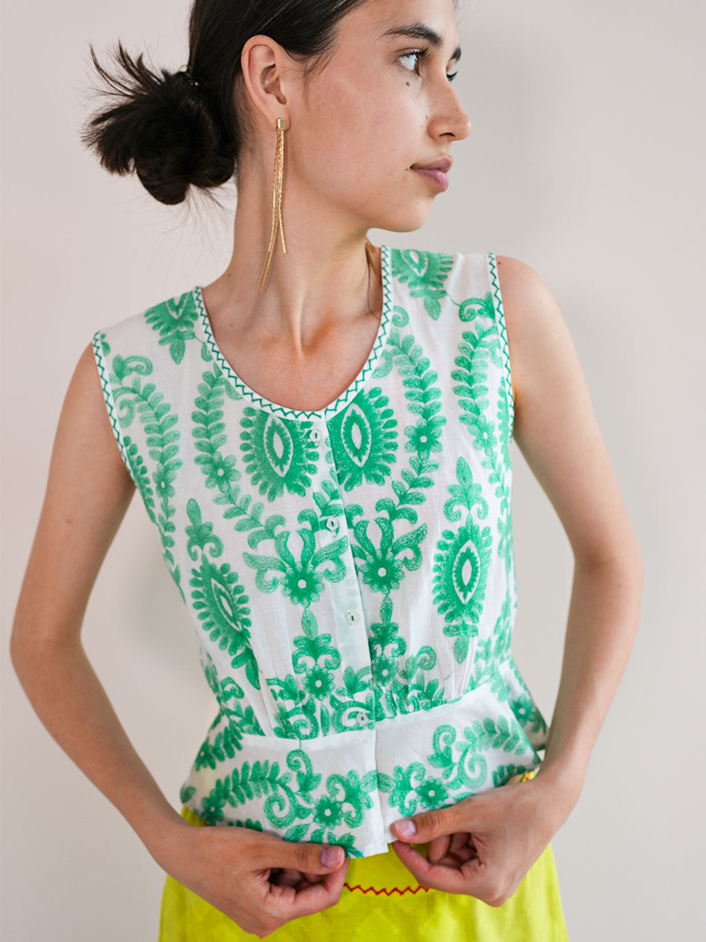 Angelica Blouse Green Ornament Embroidery on White