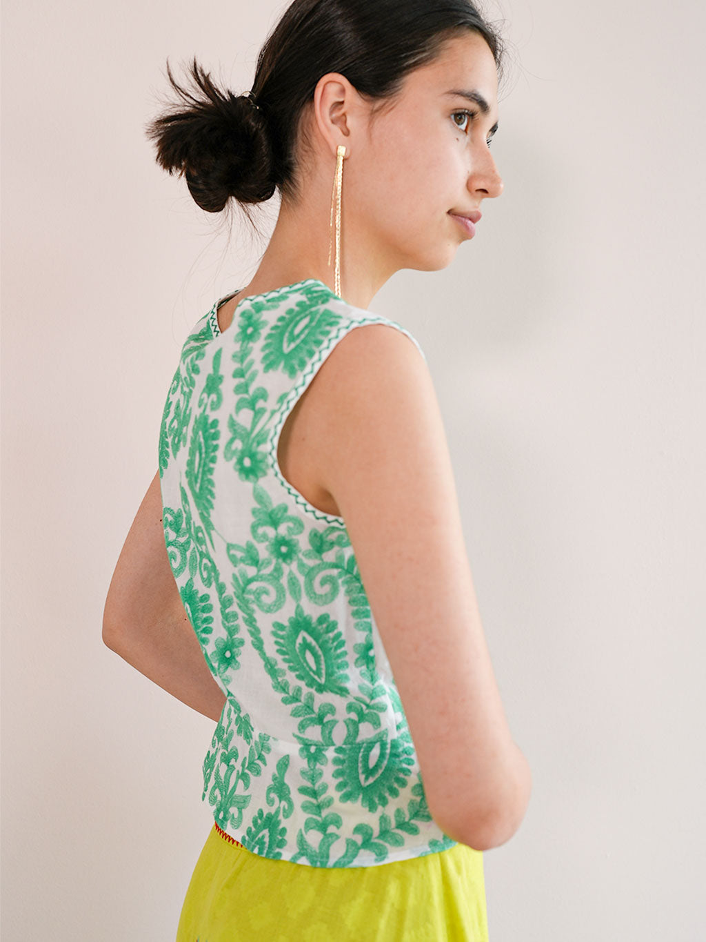 Angelica Blouse Green Ornament Embroidery on White