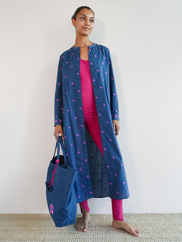 Turquoise Kaftan Ginkgo Embroidery on Navy