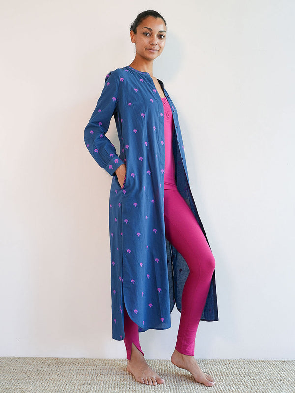 Turquoise Kaftan Ginkgo Embroidery on Navy