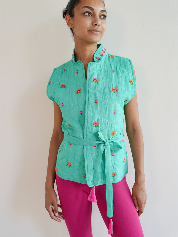 Chives Vest Lotus Embroidery on Green
