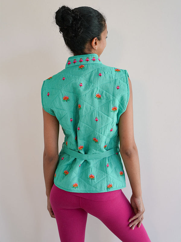 Chives Vest Lotus Embroidery on Green