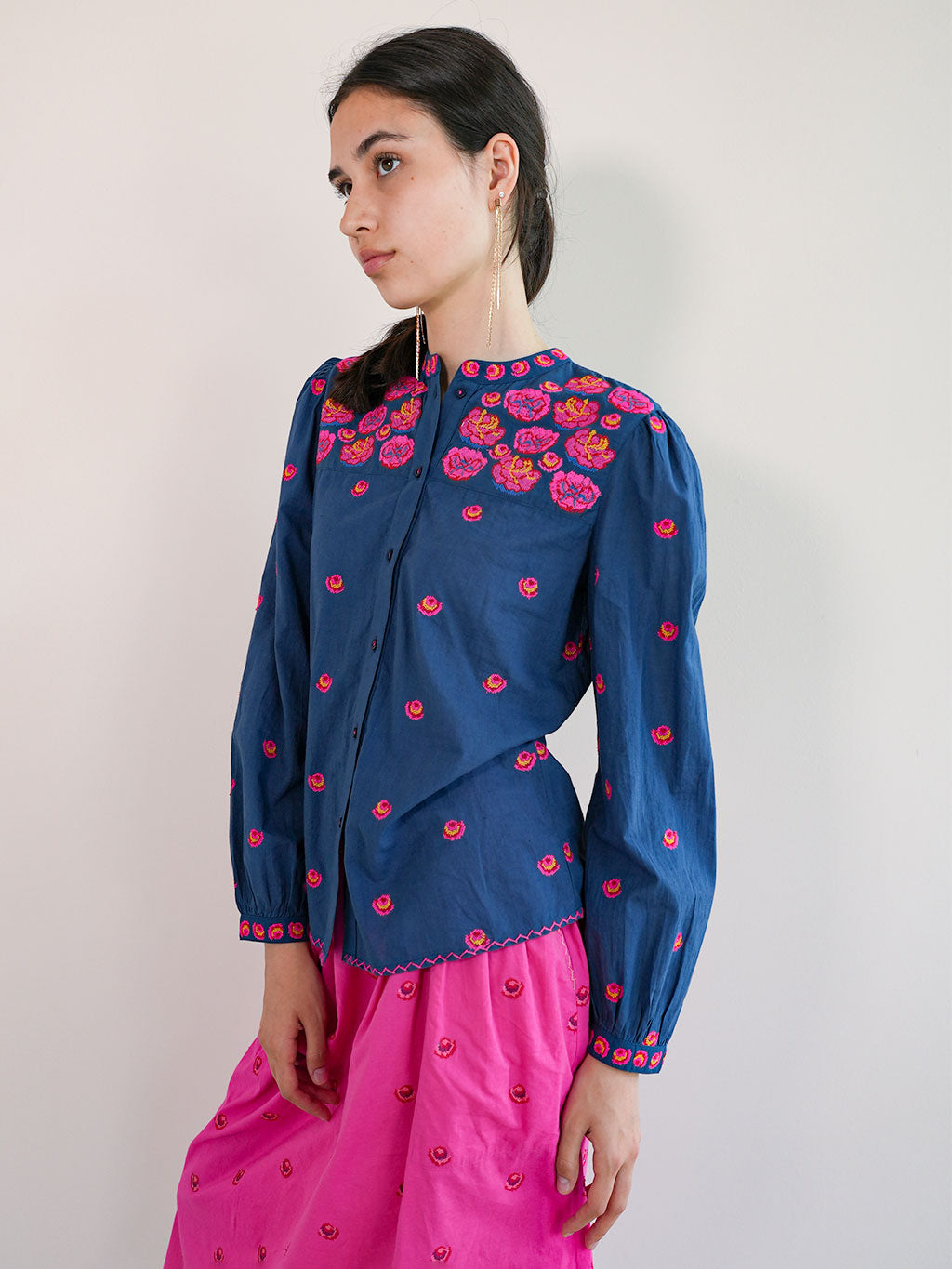 Cicely Blouse Roses Embroidery on Navy