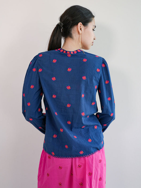 Cicely Blouse Roses Embroidery on Navy