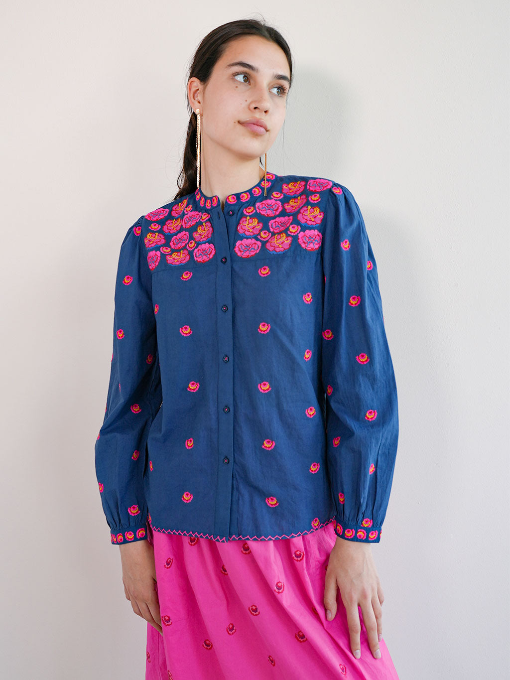 Cicely Blouse Roses Embroidery on Navy