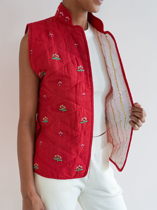 Chives Vest Lotus Embroidery on Red