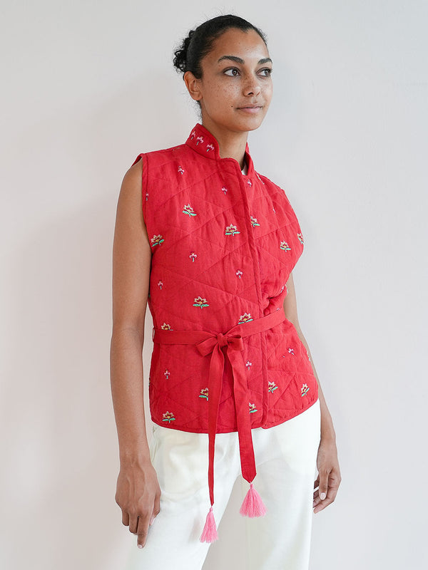 Chives Vest Lotus Embroidery on Red
