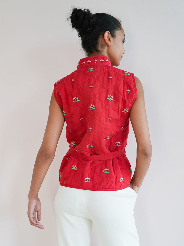 Chives Vest Lotus Embroidery on Red