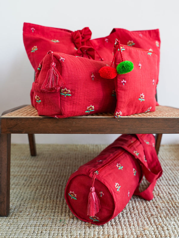 Yoga Mat Bag Lotus Flower Embroidery on Red