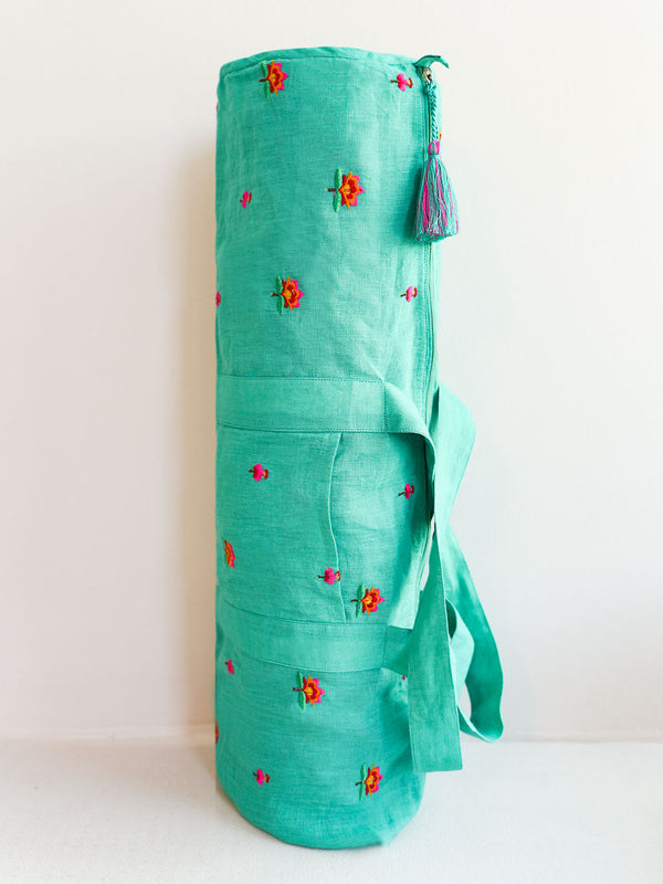 Yoga Mat Bag Lotus Flower Embroidery on Green