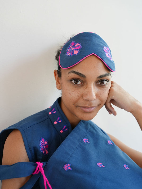 Sleep Mask Funky Flower Embroidery on Navy
