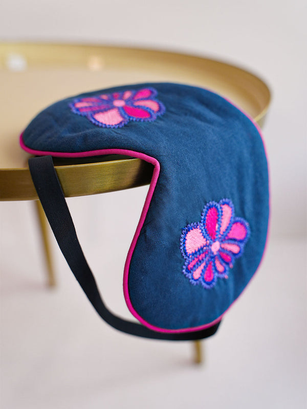 Sleep Mask Funky Flower Embroidery on Navy