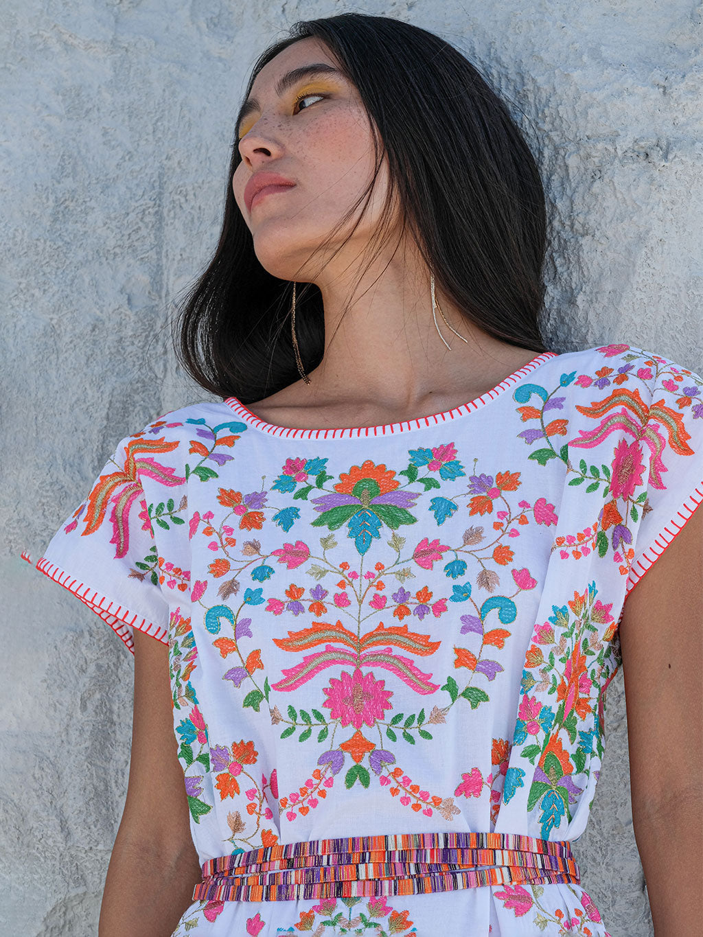 Malachite Kaftan Golden Flower Embroidery on White