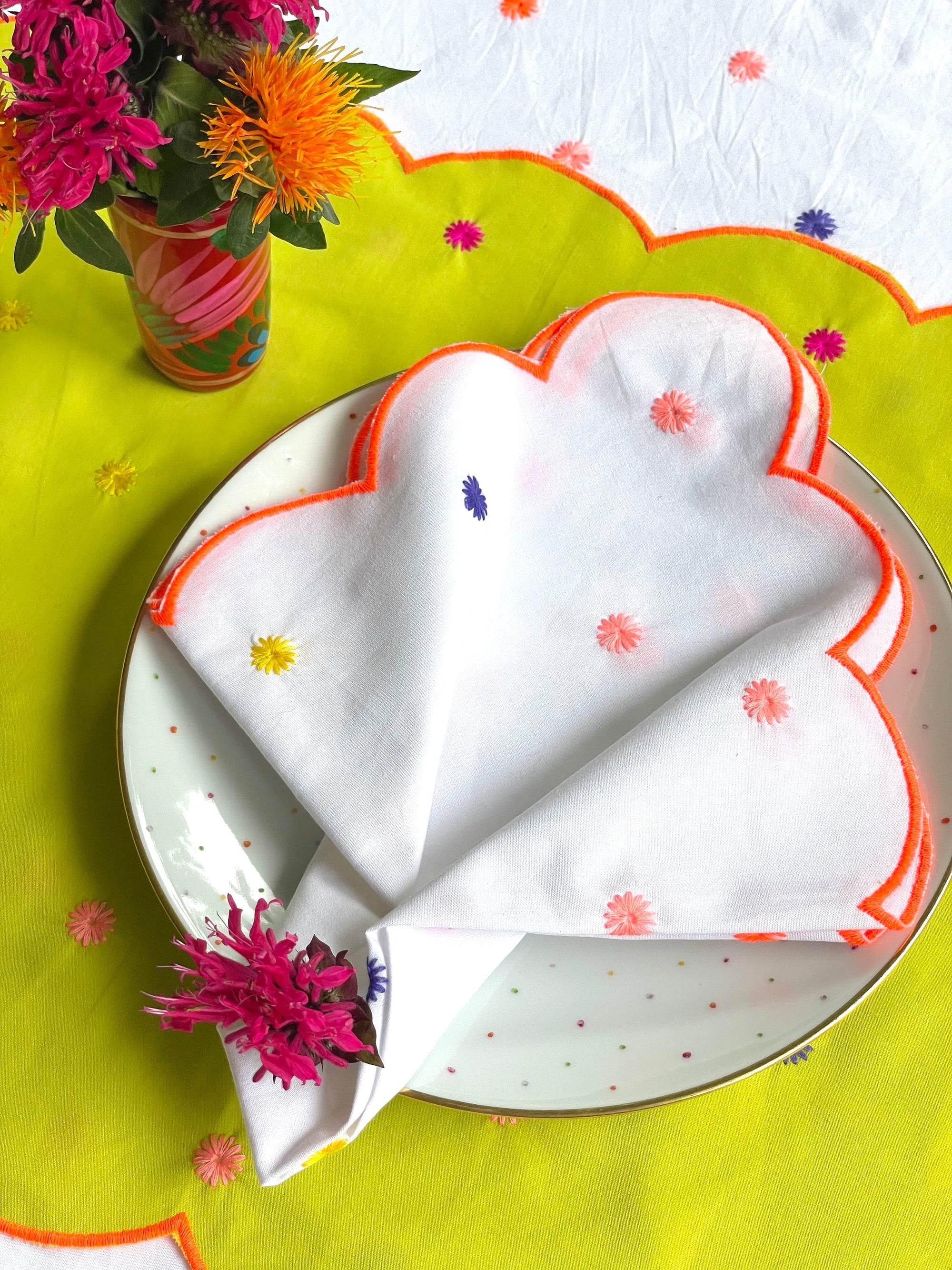 Napkin Multi Flowers Embroidery on White