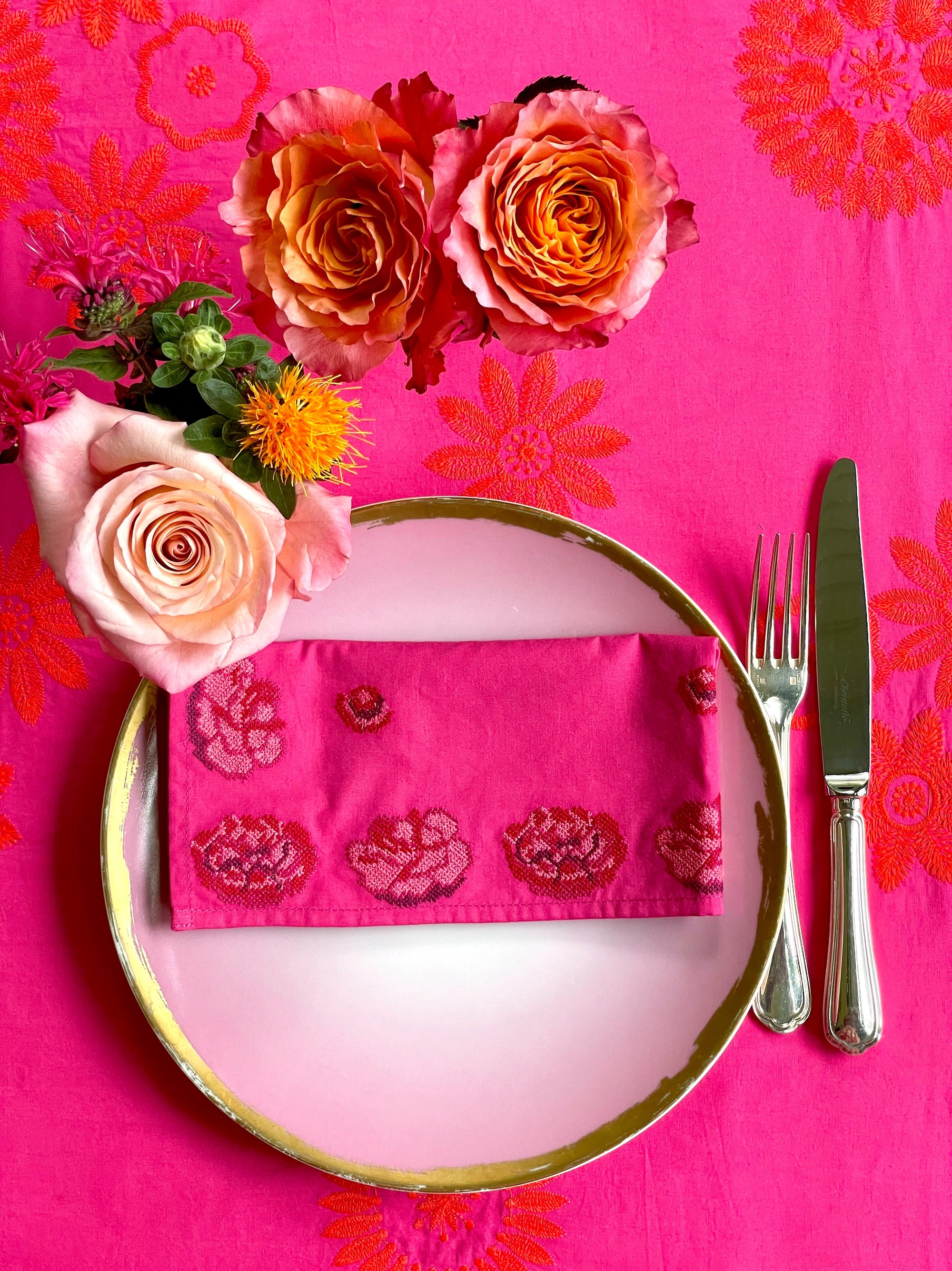 Tablecloth Orange Flower Embroidery on Pink