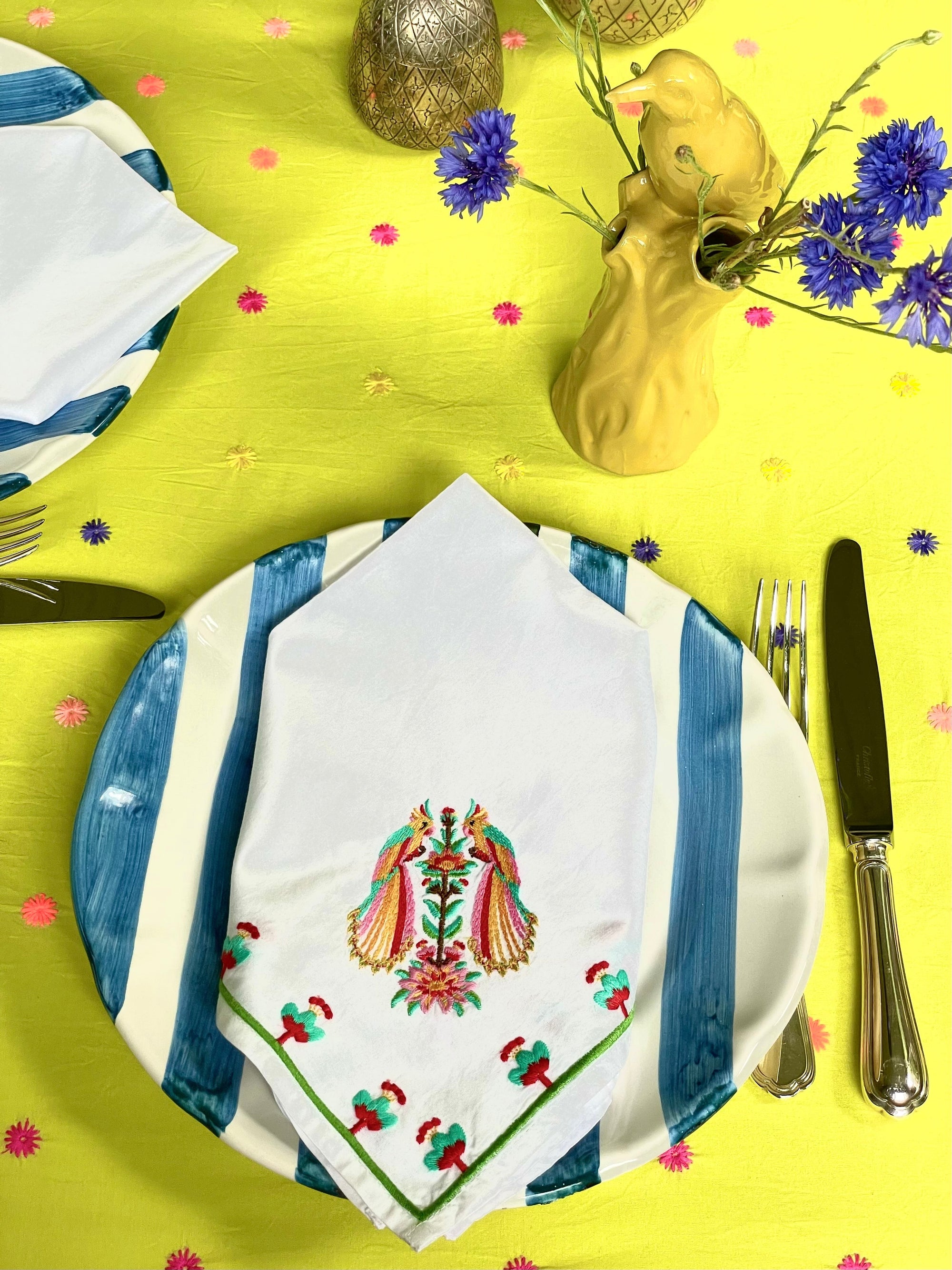 Tablecloth Multi Flower Embroidery on Lime