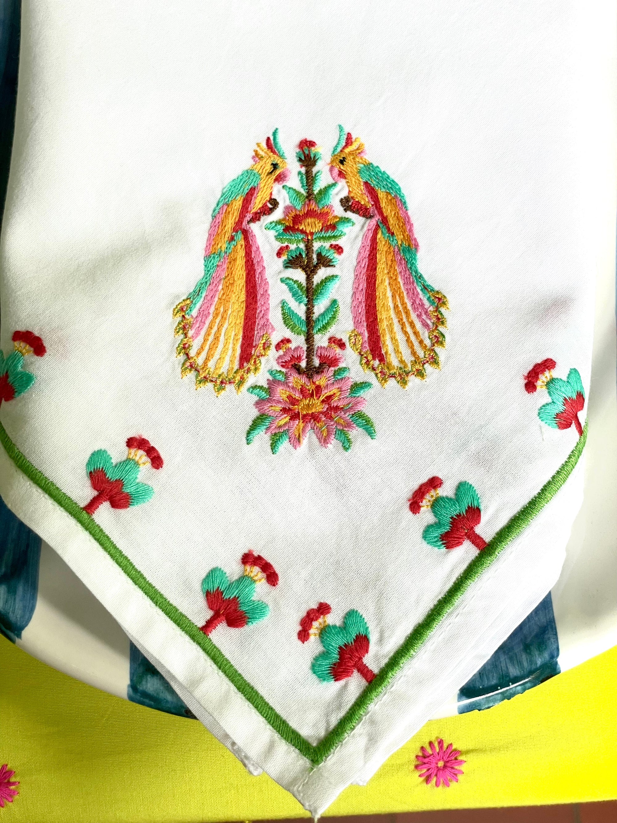 Napkin Parrot Embroidery on White