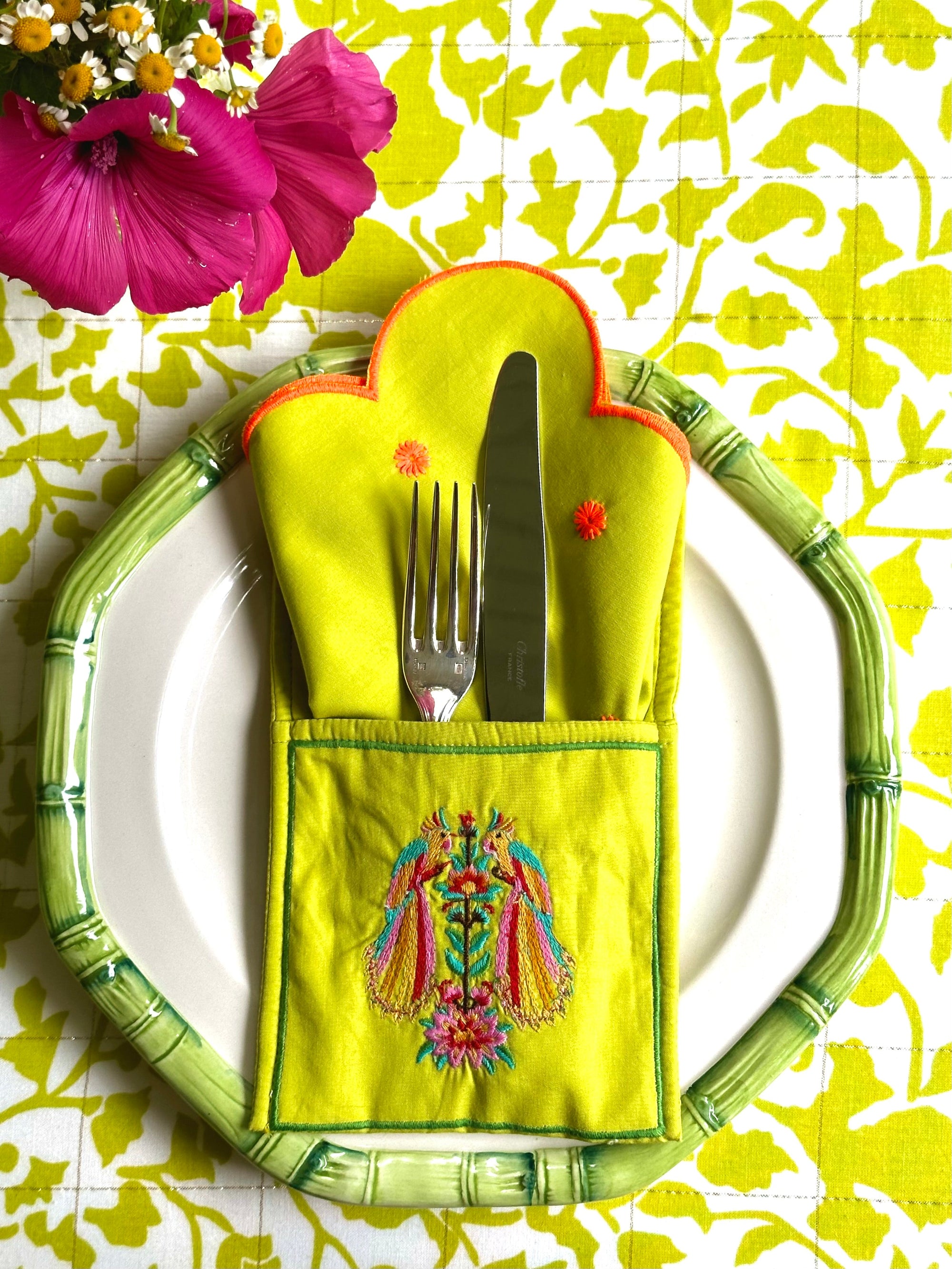 Napkin Multi Flowers Embroidery on Lime
