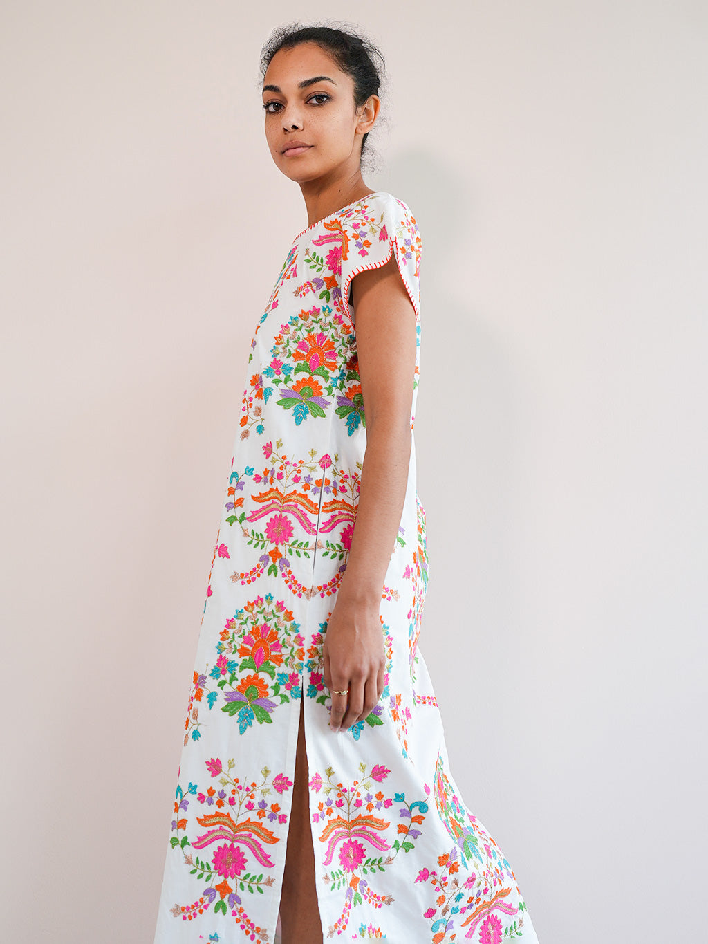 Malachite Kaftan Golden Flower Embroidery on White