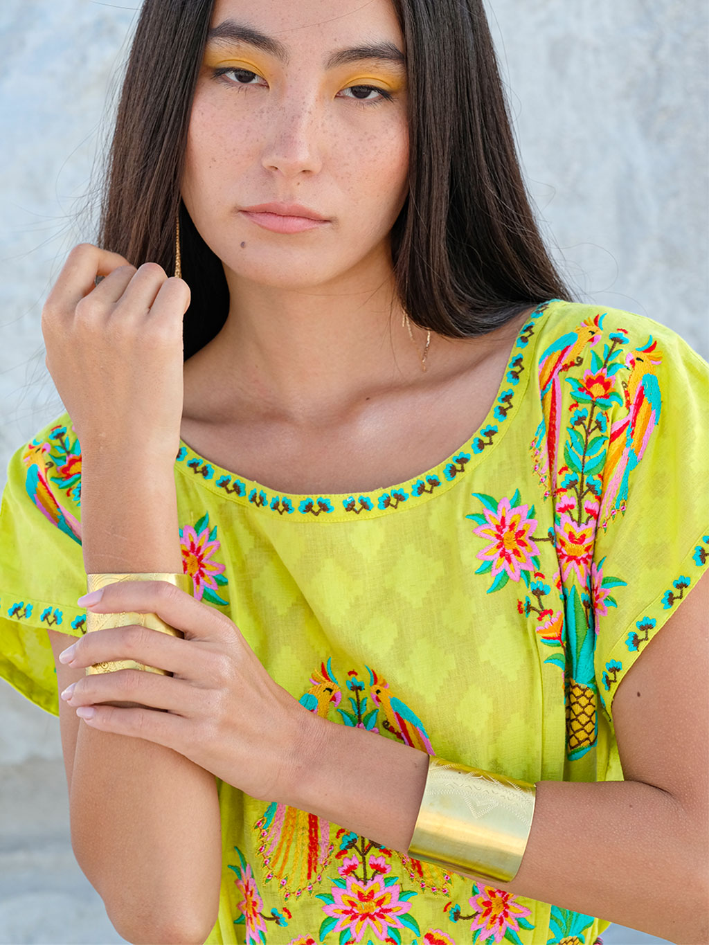 Malachite Kaftan Parrot Embroidery on Lime Jacquard