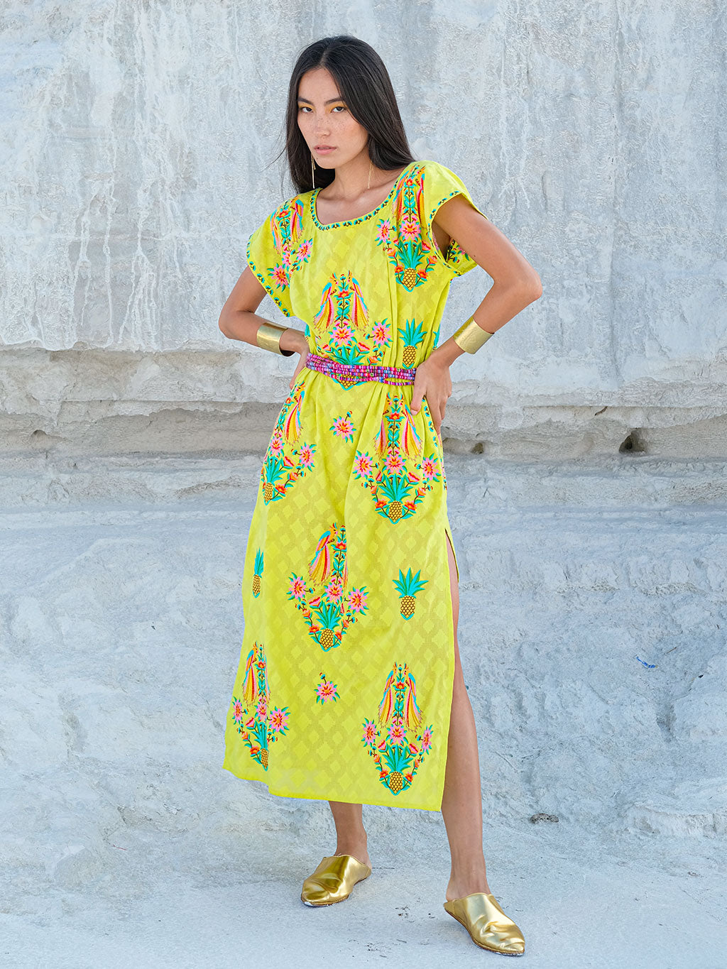 Malachite Kaftan Parrot Embroidery on Lime Jacquard