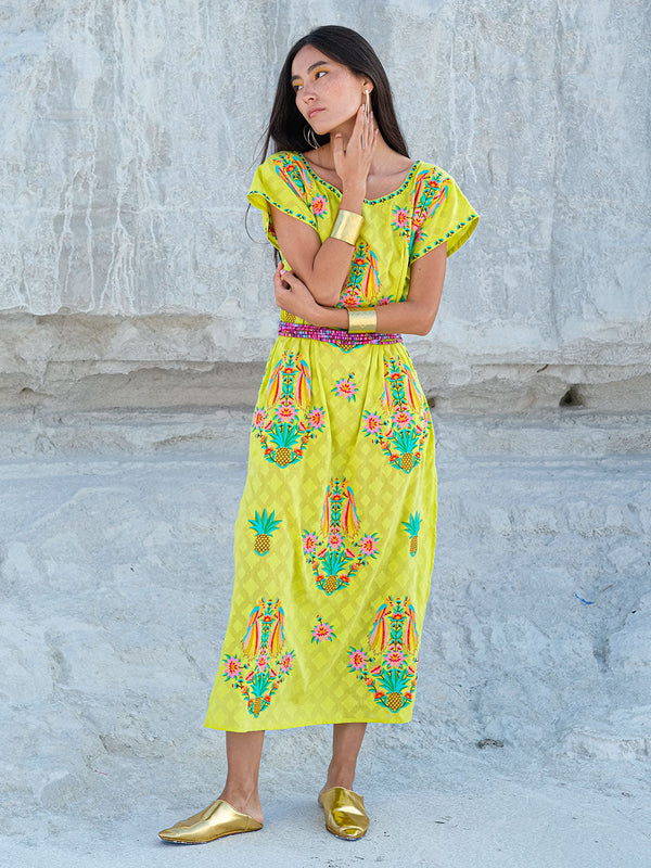 Malachite Kaftan Parrot Embroidery on Lime Jacquard