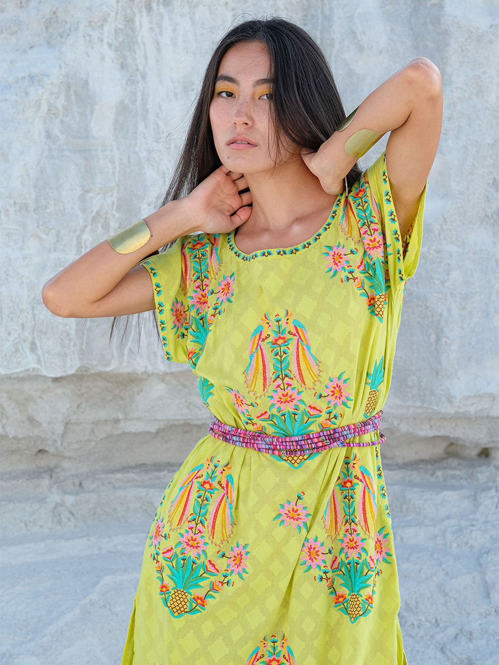 Malachite Kaftan Parrot Embroidery on Lime Jacquard